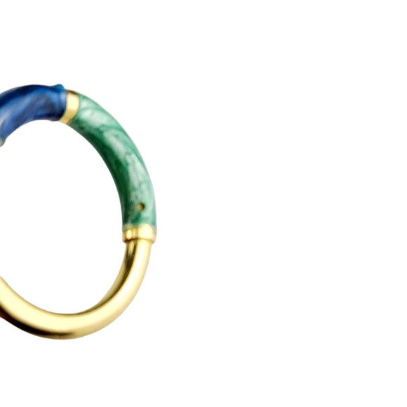 18K Yellow Gold Hollow Hoop Earrings With Blue and Green Enamel